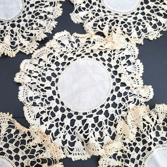 Round Doillies Set of 5 Handmade Cream Vintage Textiles Decor Cr151 - Picture 4 of 7